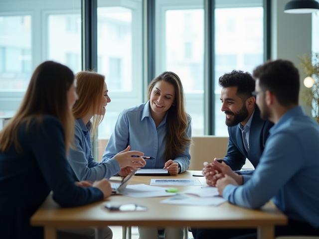 Un equipo de profesionales discutiendo estrategias de negocio en un entorno moderno y luminoso, representando consultoría estratégica.